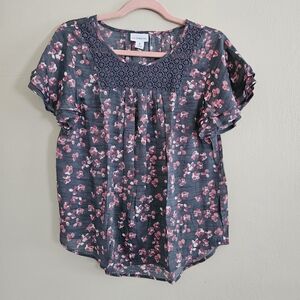 Liz Claiborne Blue w/ Pink Cherry Blossom Blouse Cute Lace Inset Design Medium